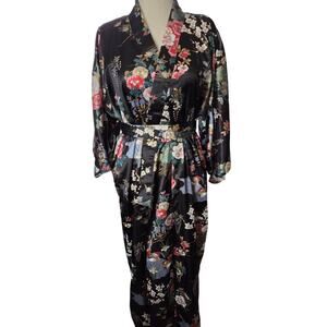 Ichiban Japan Satin Floral Bird Kimono Geisha Robe Luxurious Harajuku Obi Robe